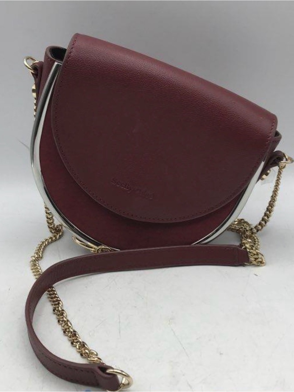 Beautiful See By Chloé “Mara” Burgundy Saddle Crossbody with Gold Chain.